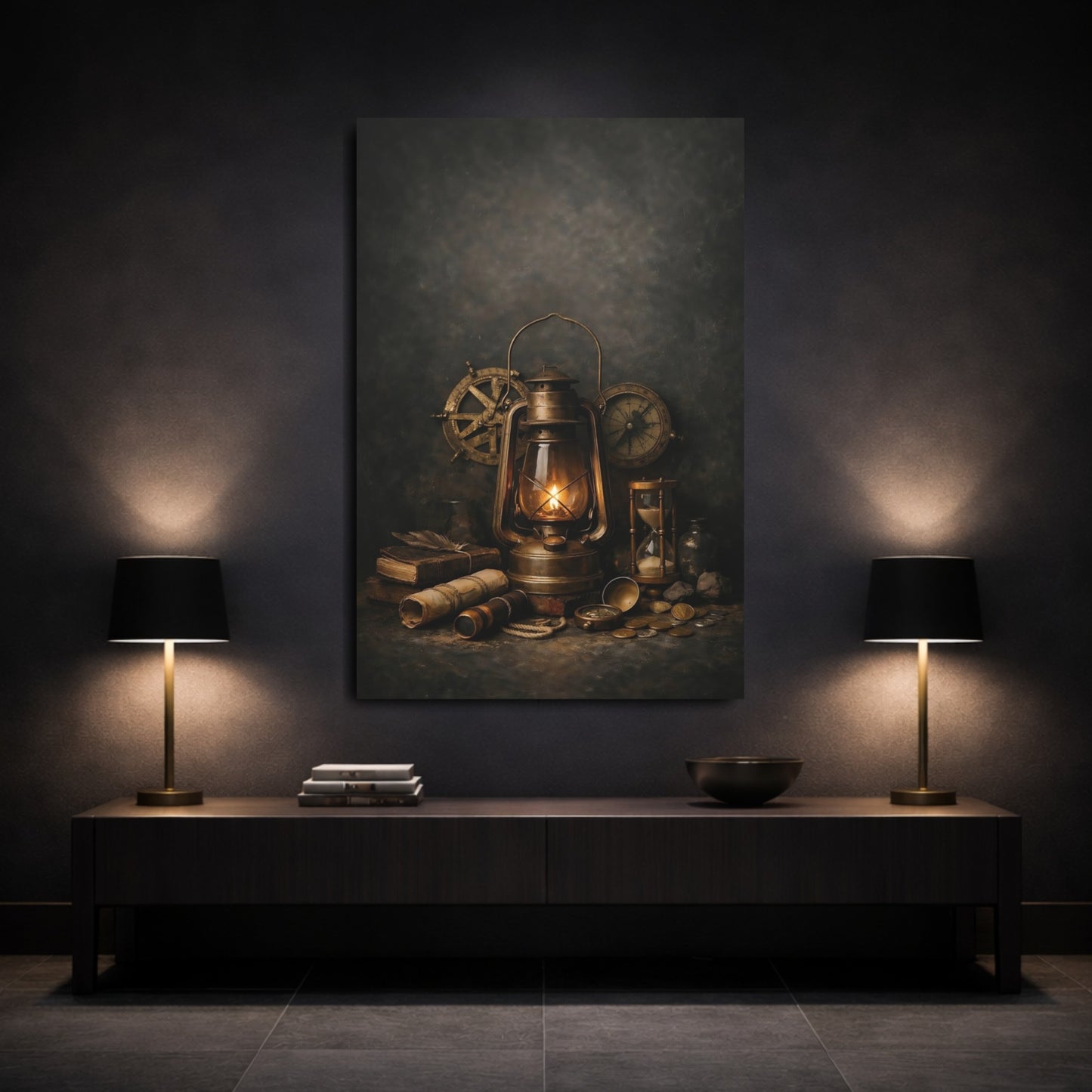 Vintage Lantern Bronze And Gold shown as front canvas room wall art