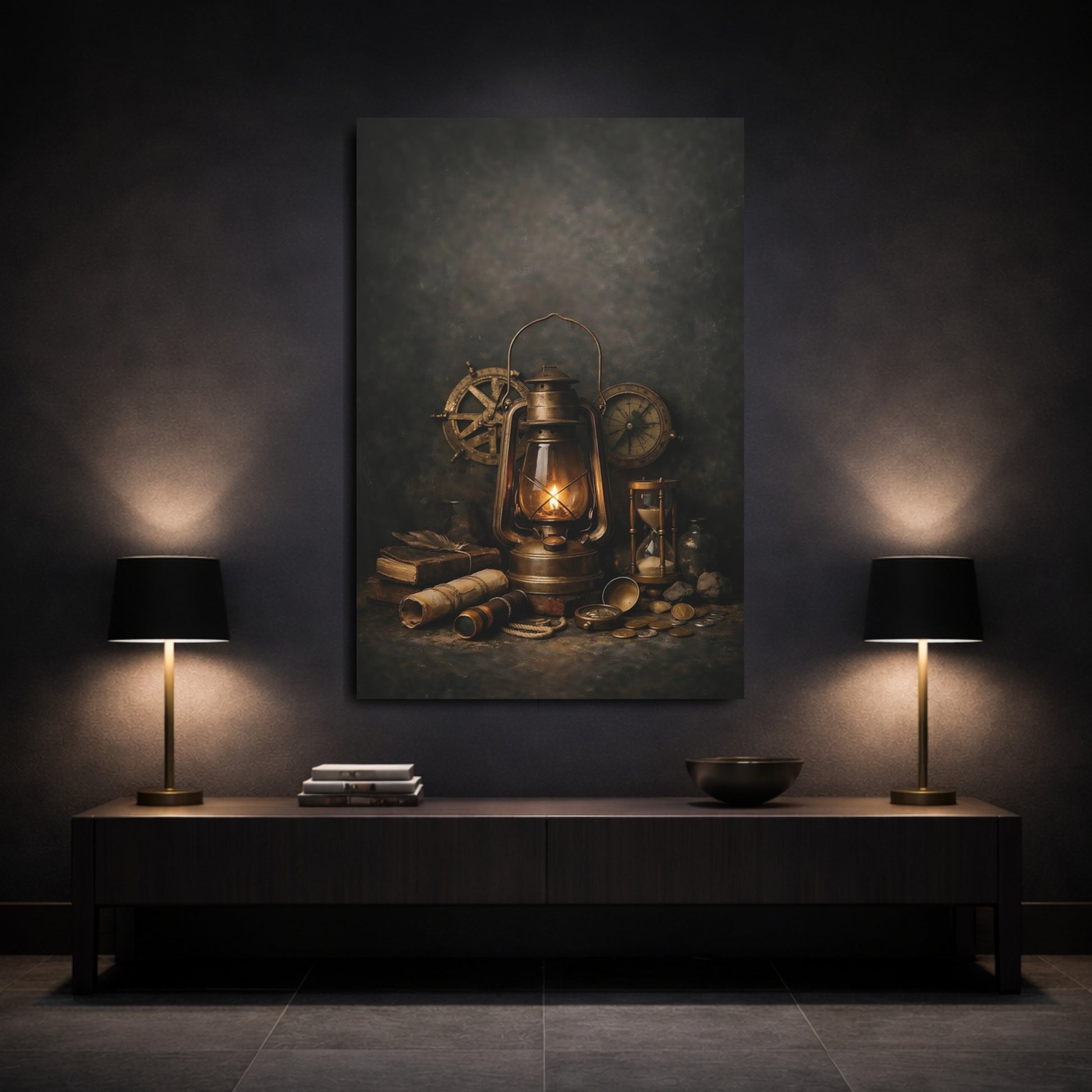 Vintage Lantern Bronze And Gold shown as front canvas room wall art