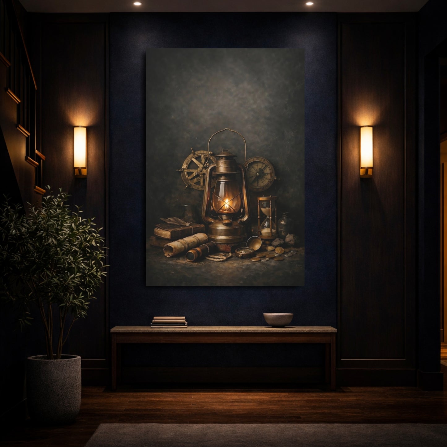 Vintage Lantern Bronze And Gold shown as front canvas room wall art