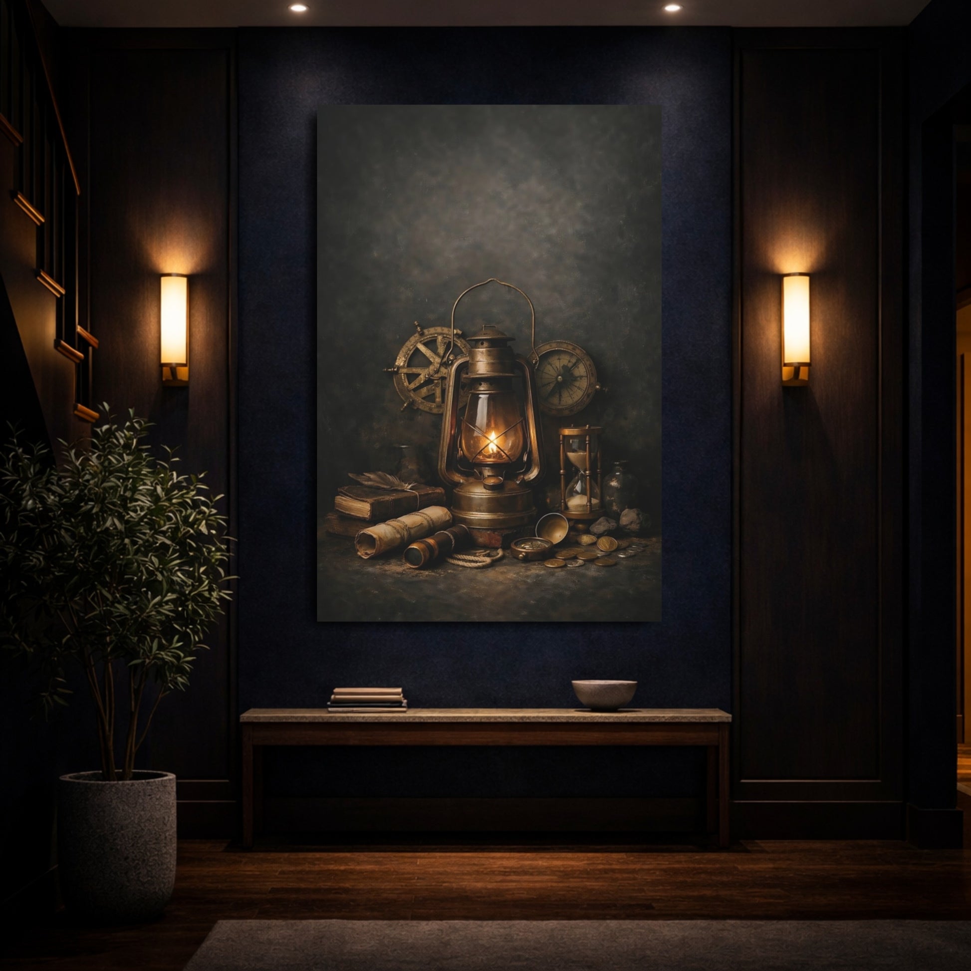 Vintage Lantern Bronze And Gold shown as front canvas room wall art