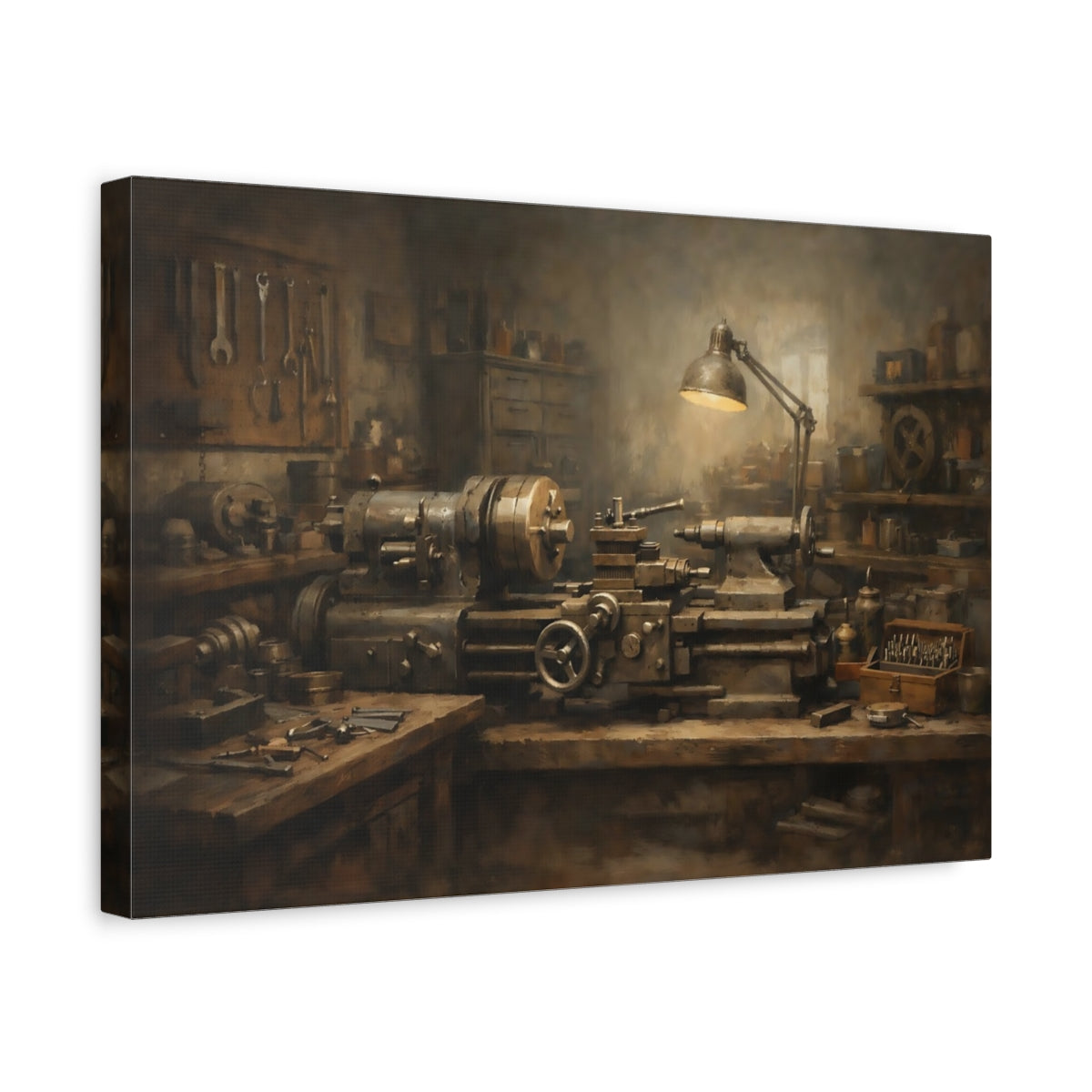 Side Mockup 4. Vintage Lathe Machine Brown Industrial Lathe shown as stretched canvas wall art