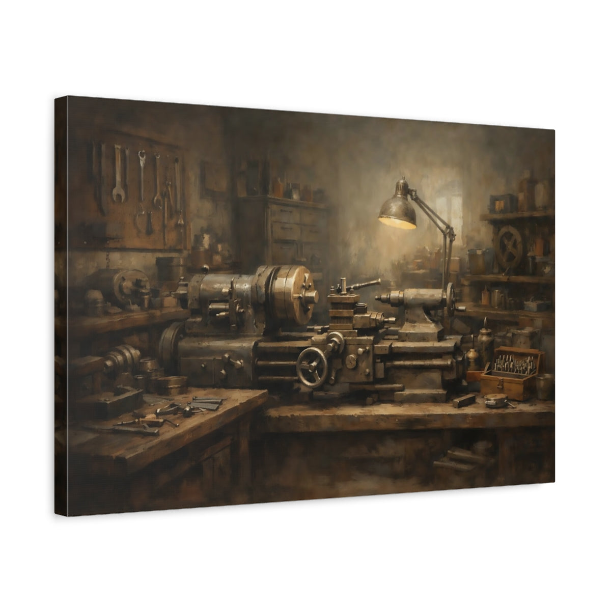 Side Mockup 3. Vintage Lathe Machine Brown Industrial Lathe shown as stretched canvas wall art