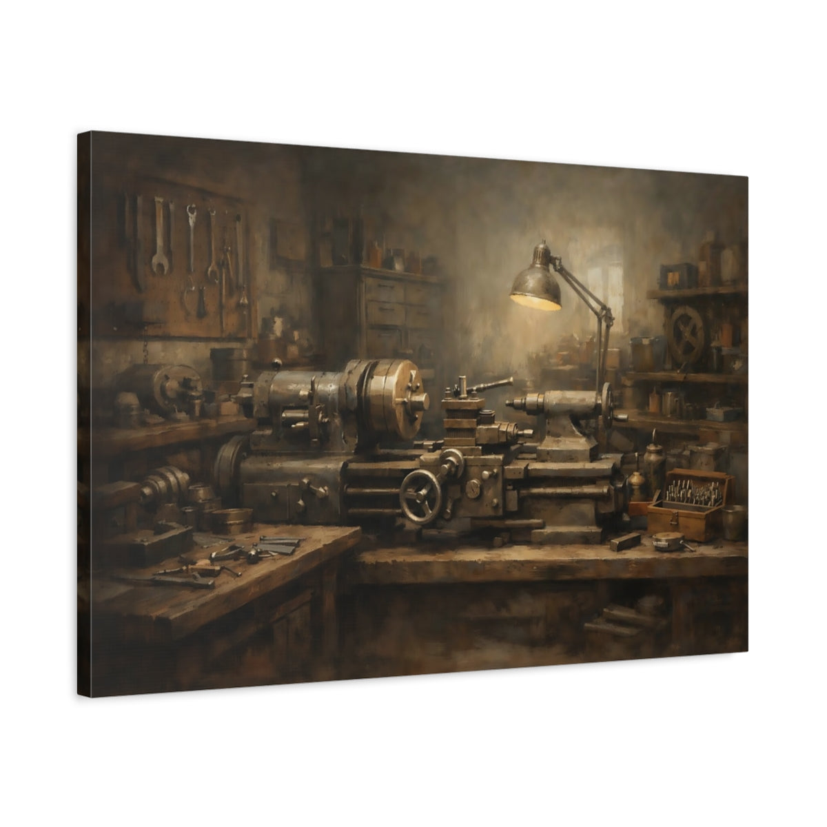 Side Mockup 2. Vintage Lathe Machine Brown Industrial Lathe shown as stretched canvas wall art