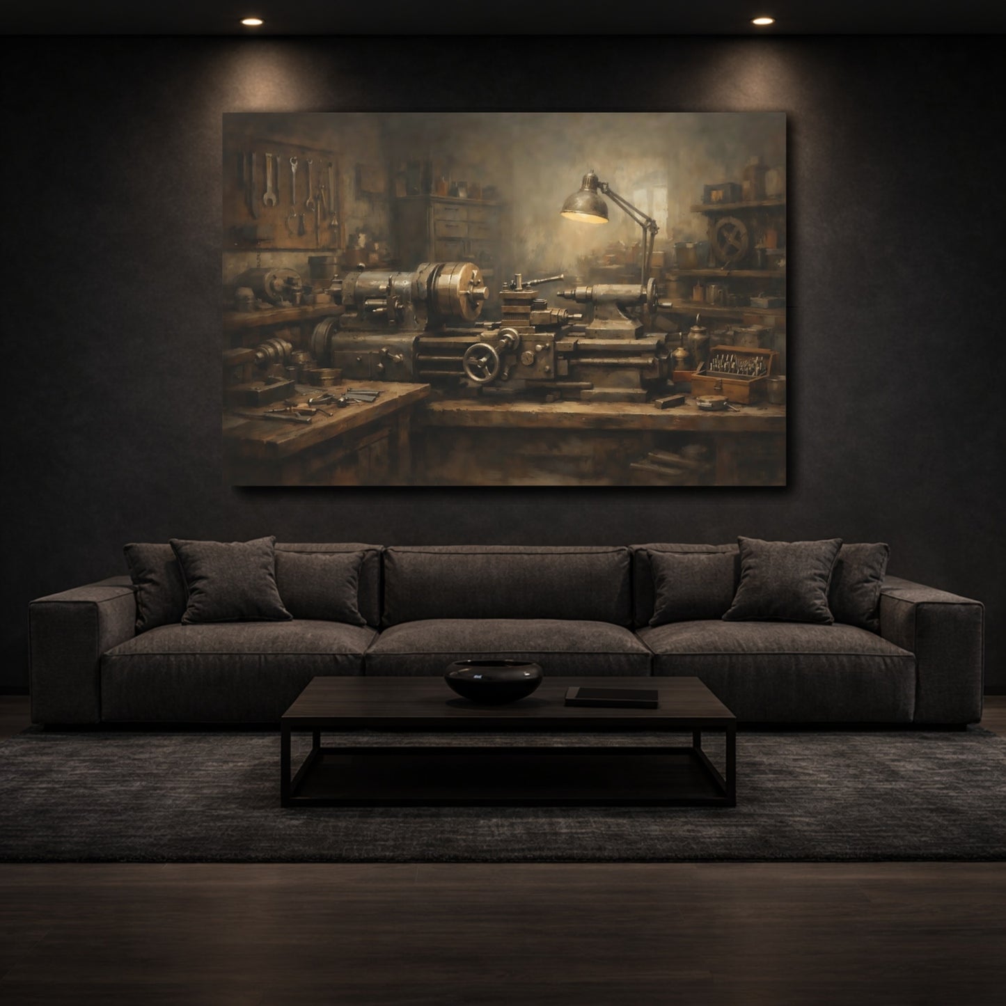 Mockup 2. Vintage Lathe Machine Brown Industrial Lathe shown as stretched canvas wall art