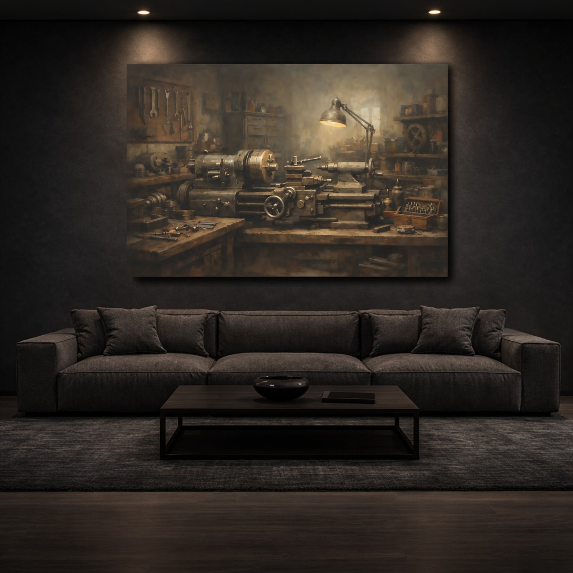 Mockup 2. Vintage Lathe Machine Brown Industrial Lathe shown as stretched canvas wall art