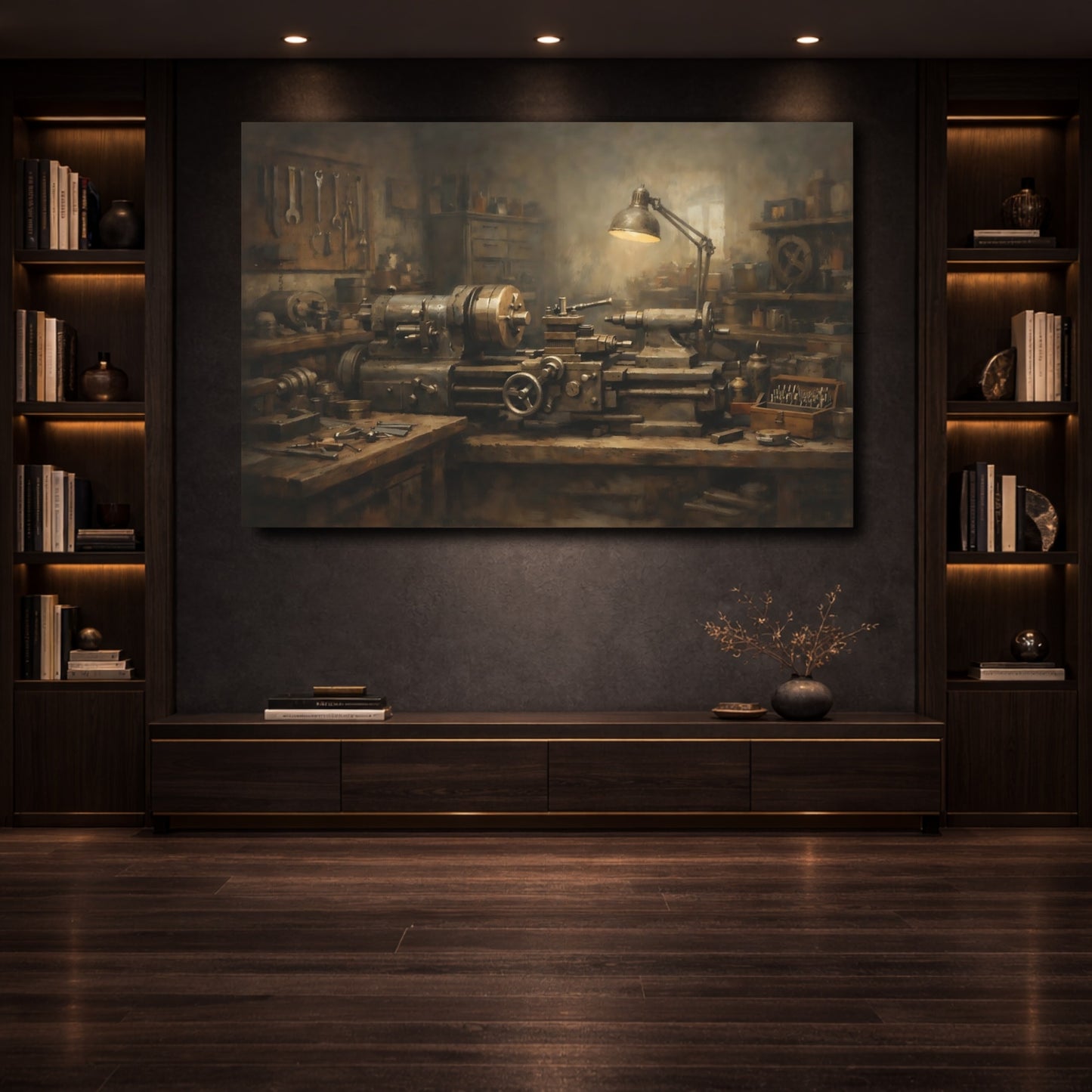 Mockup 3. Vintage Lathe Machine Brown Industrial Lathe shown as stretched canvas wall art