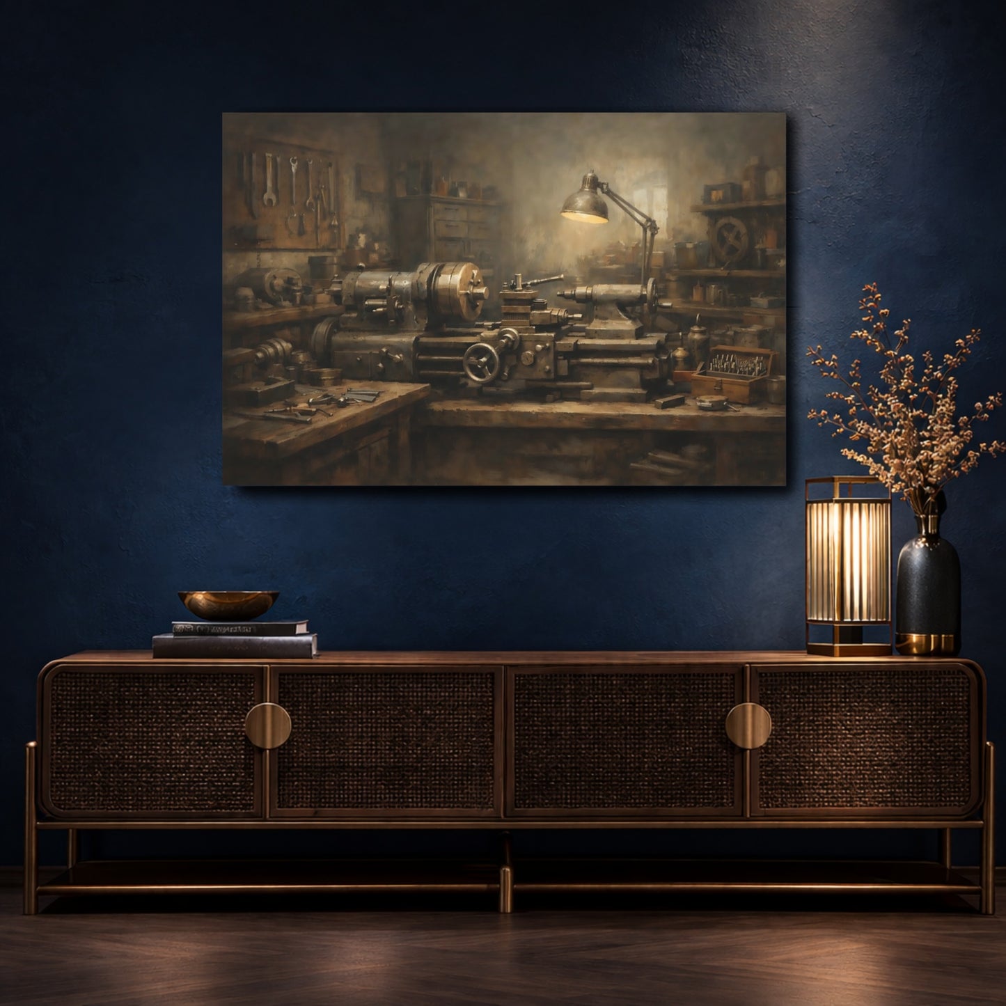 Mockup 4. Vintage Lathe Machine Brown Industrial Lathe shown as stretched canvas wall art