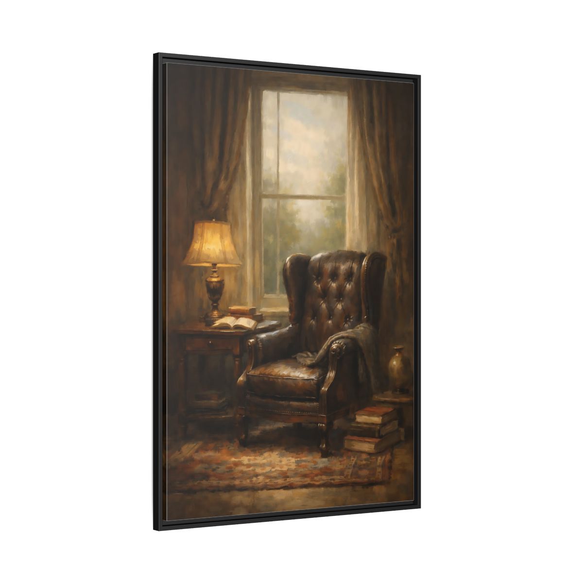 Main Mockup. Vintage Leather Armchair Brown And Gold Interior shown as stretched canvas wall art