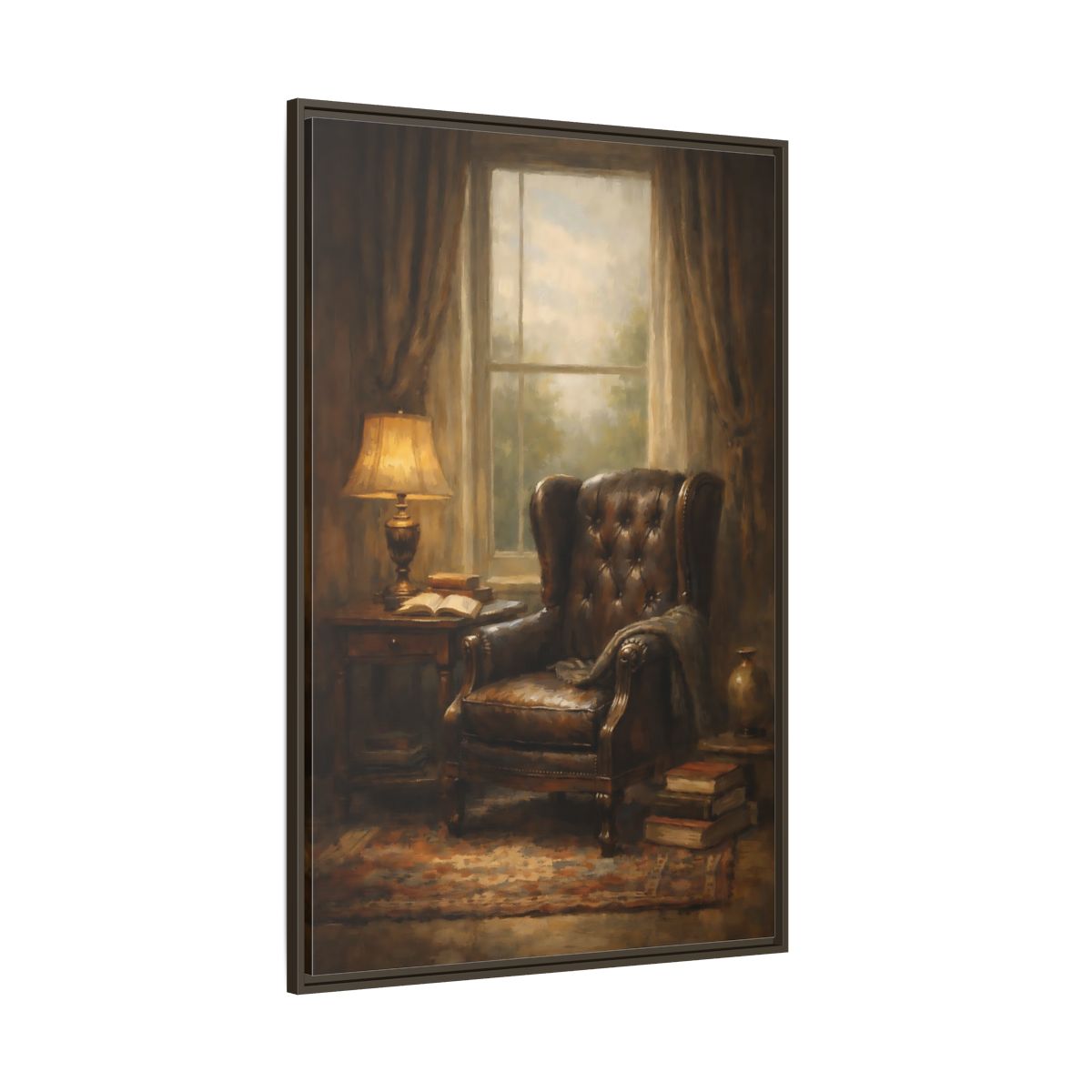 Side Mockup 8. Vintage Leather Armchair Brown And Gold Interior shown as stretched canvas wall art