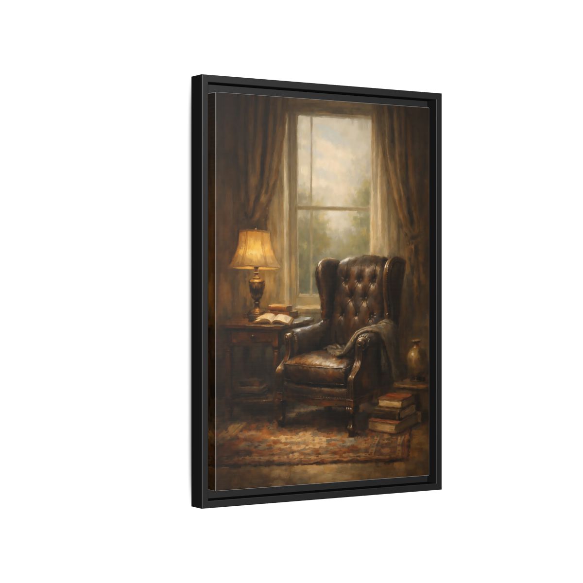 Side Mockup 3. Vintage Leather Armchair Brown And Gold Interior shown as stretched canvas wall art