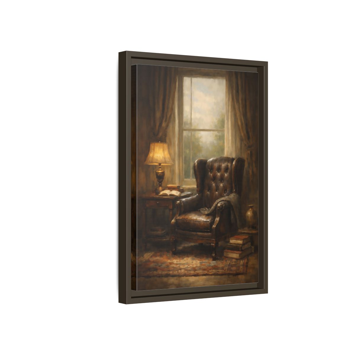 Side Mockup 5. Vintage Leather Armchair Brown And Gold Interior shown as stretched canvas wall art