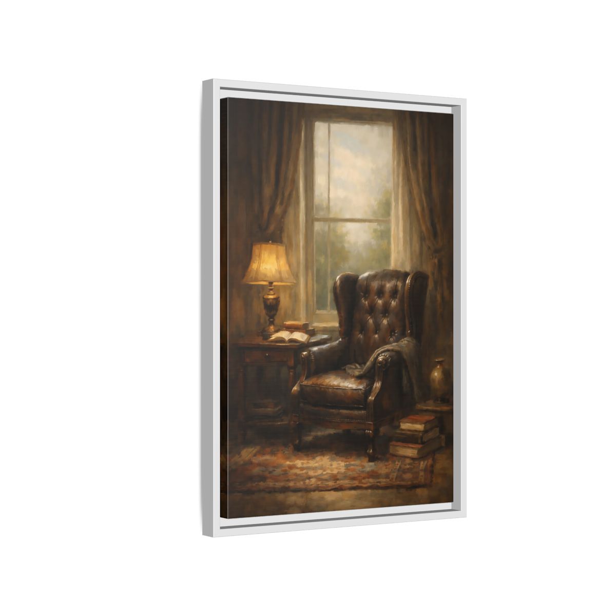 Side Mockup 1. Vintage Leather Armchair Brown And Gold Interior shown as stretched canvas wall art
