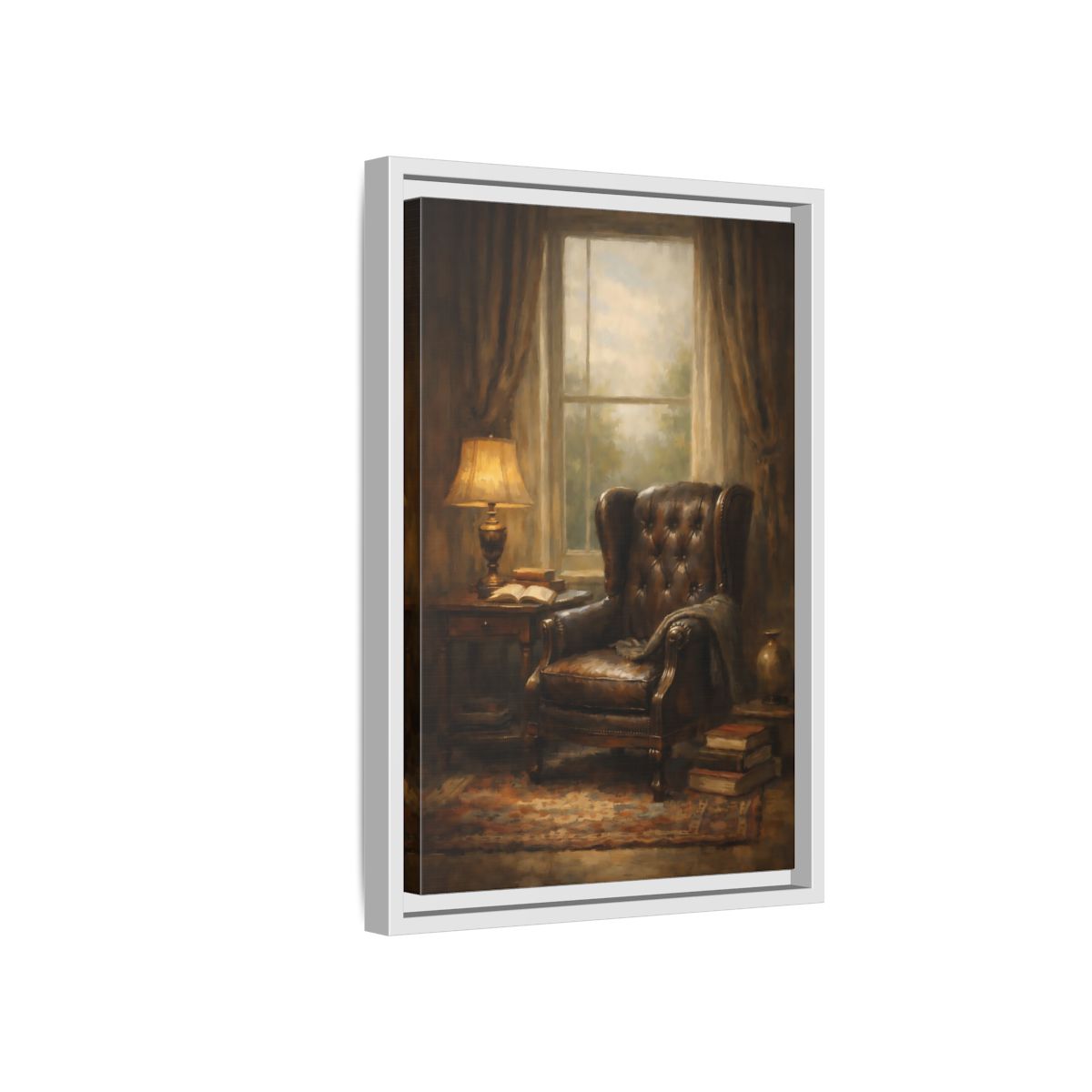 Side Mockup 4. Vintage Leather Armchair Brown And Gold Interior shown as stretched canvas wall art