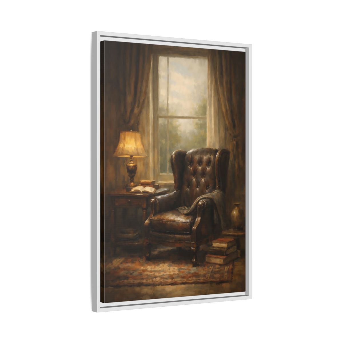 Side Mockup 11. Vintage Leather Armchair Brown And Gold Interior shown as stretched canvas wall art