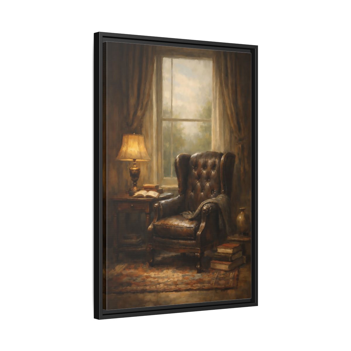 Side Mockup 14. Vintage Leather Armchair Brown And Gold Interior shown as stretched canvas wall art