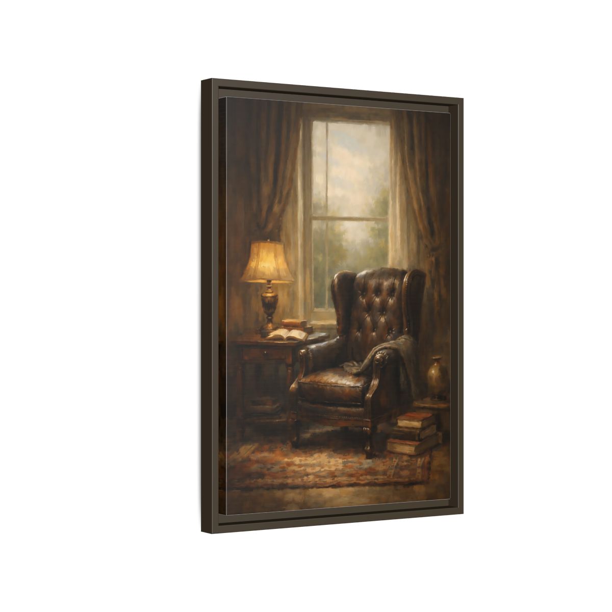 Side Mockup 2. Vintage Leather Armchair Brown And Gold Interior shown as stretched canvas wall art