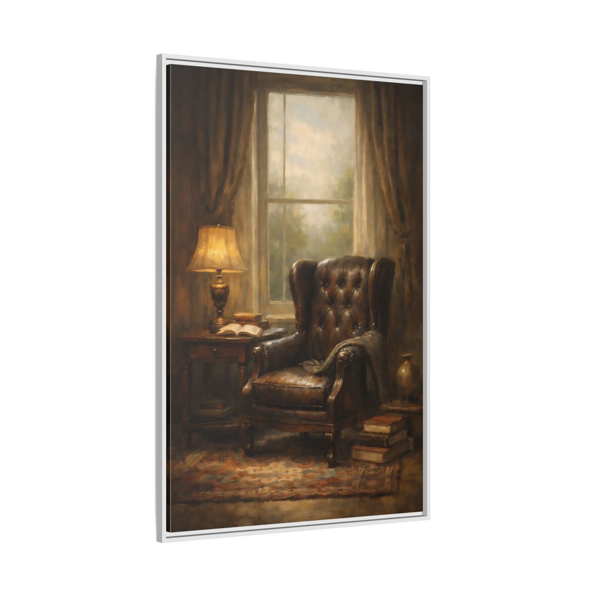 Side Mockup 7. Vintage Leather Armchair Brown And Gold Interior shown as stretched canvas wall art