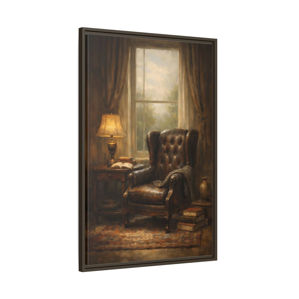Side Mockup 10. Vintage Leather Armchair Brown And Gold Interior shown as stretched canvas wall art