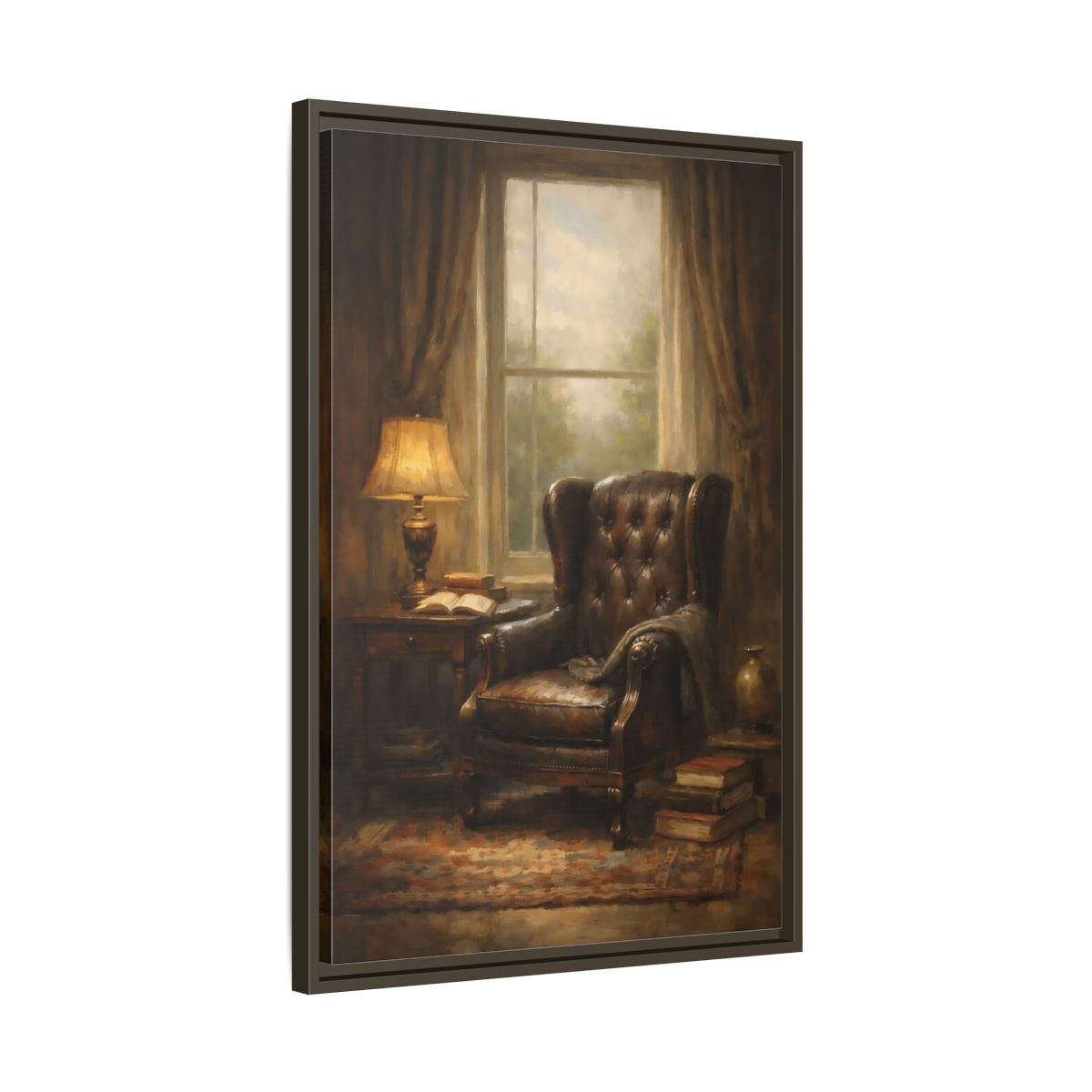 Side Mockup 12. Vintage Leather Armchair Brown And Gold Interior shown as stretched canvas wall art