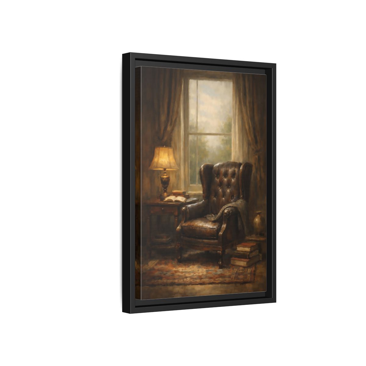 Side Mockup 6. Vintage Leather Armchair Brown And Gold Interior shown as stretched canvas wall art