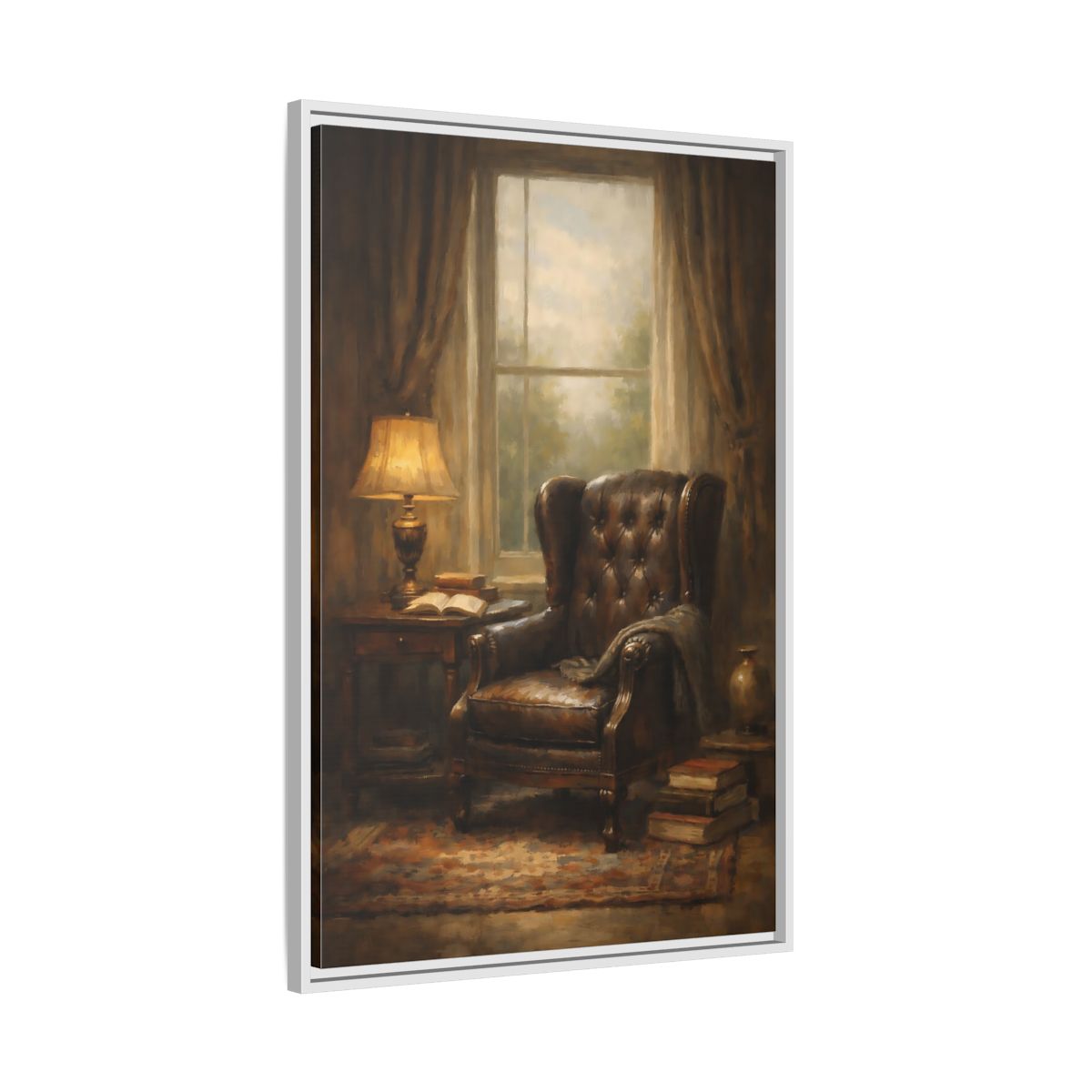 Side Mockup 9. Vintage Leather Armchair Brown And Gold Interior shown as stretched canvas wall art