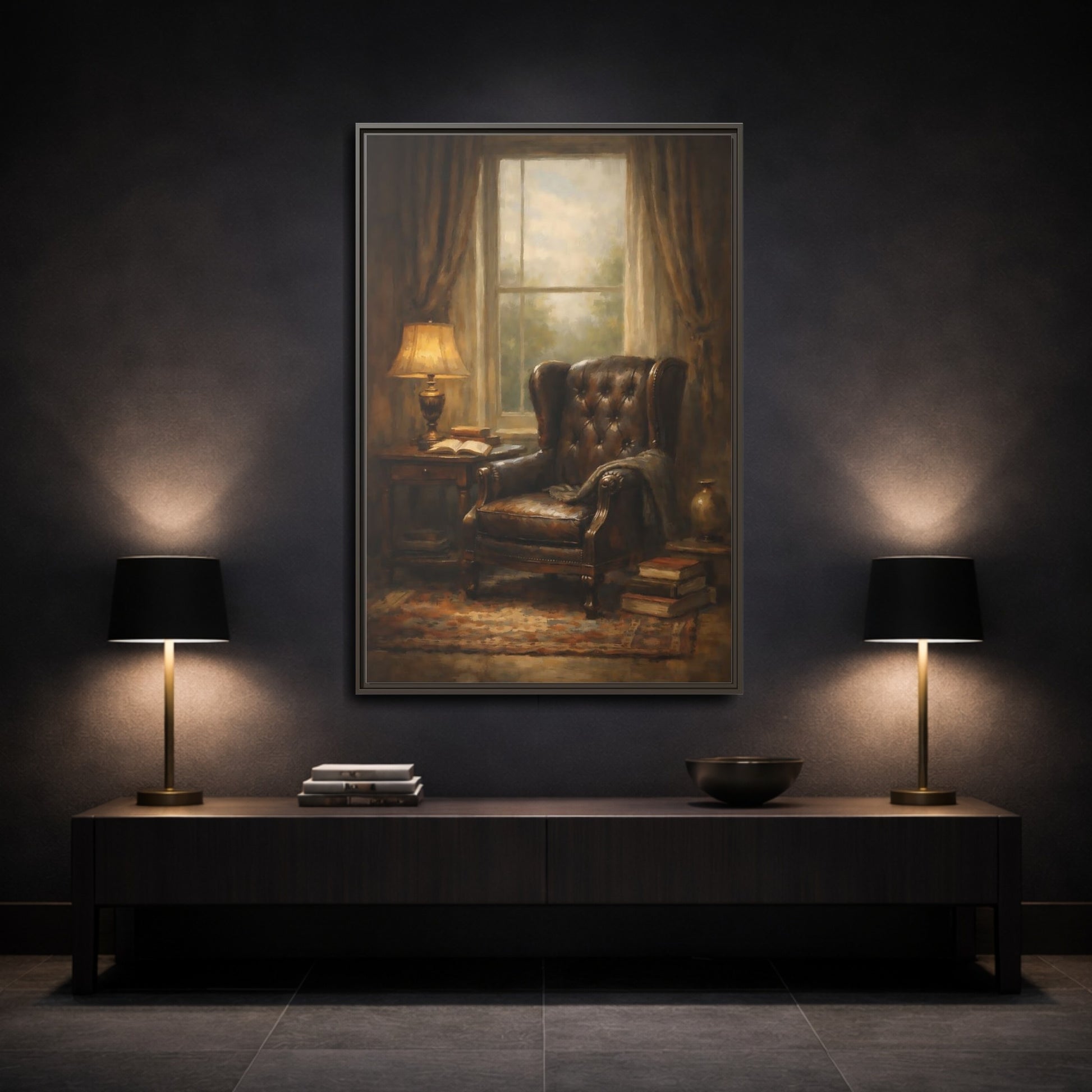 Mockup 2. Vintage Leather Armchair Brown And Gold Interior shown as stretched canvas wall art