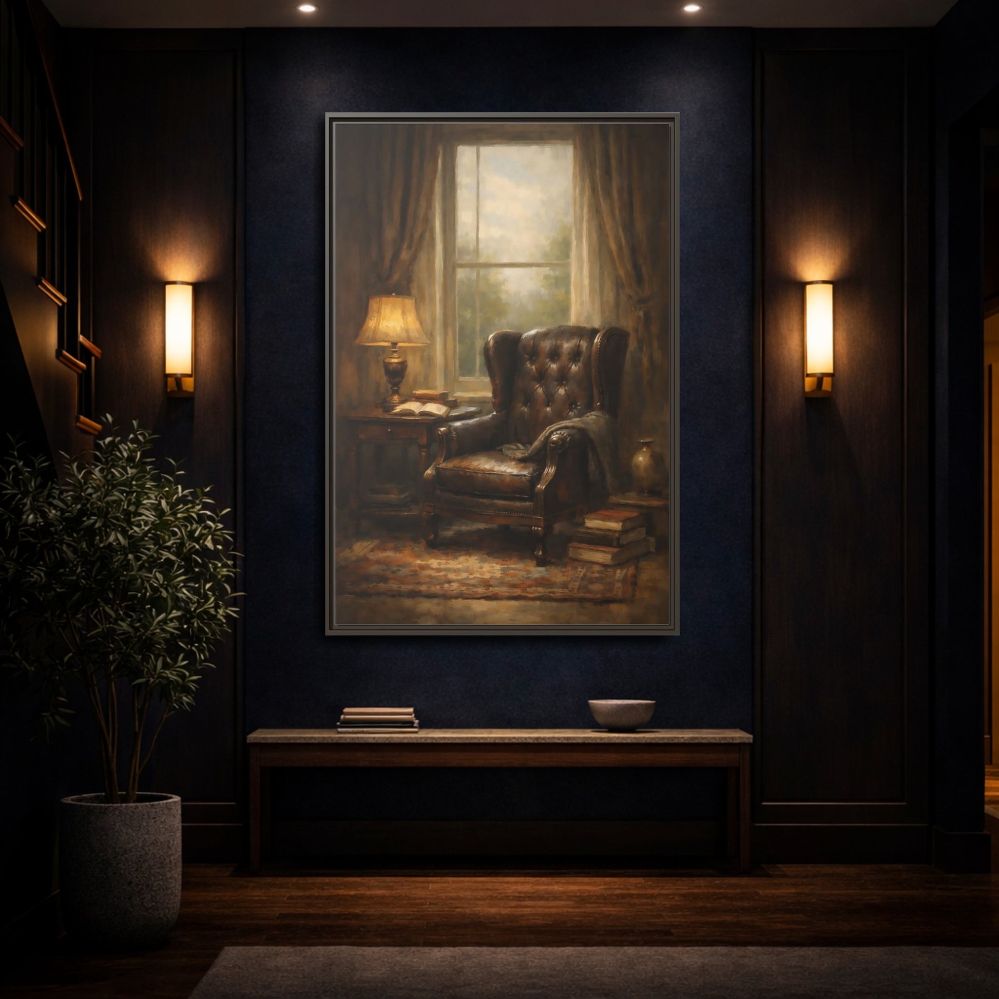 Mockup 3. Vintage Leather Armchair Brown And Gold Interior shown as stretched canvas wall art