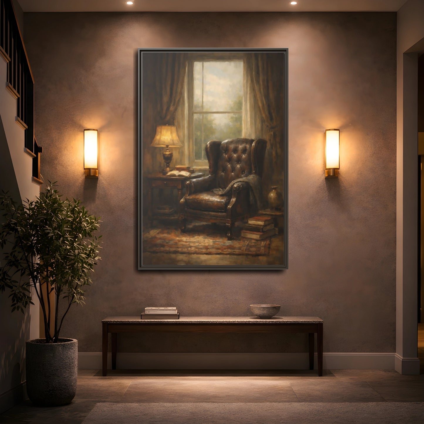 Mockup 4. Vintage Leather Armchair Brown And Gold Interior shown as stretched canvas wall art