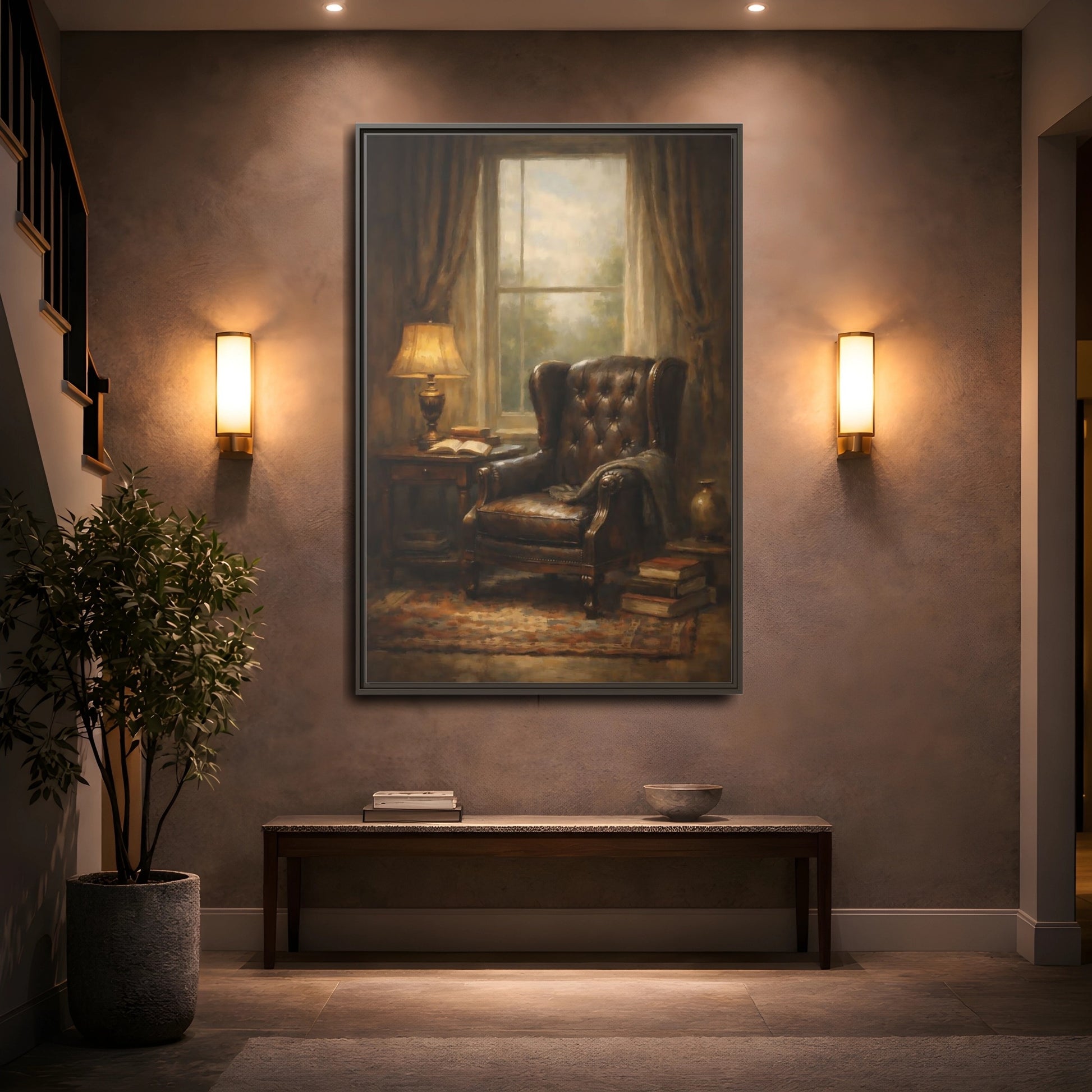 Mockup 4. Vintage Leather Armchair Brown And Gold Interior shown as stretched canvas wall art
