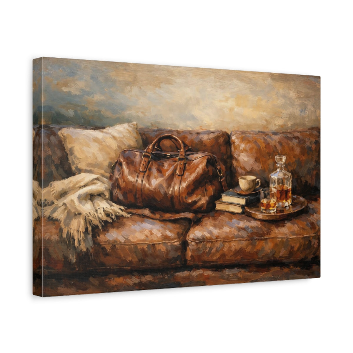 Side Mockup 4. Vintage Leather Bag Brown Leather shown as stretched canvas wall art