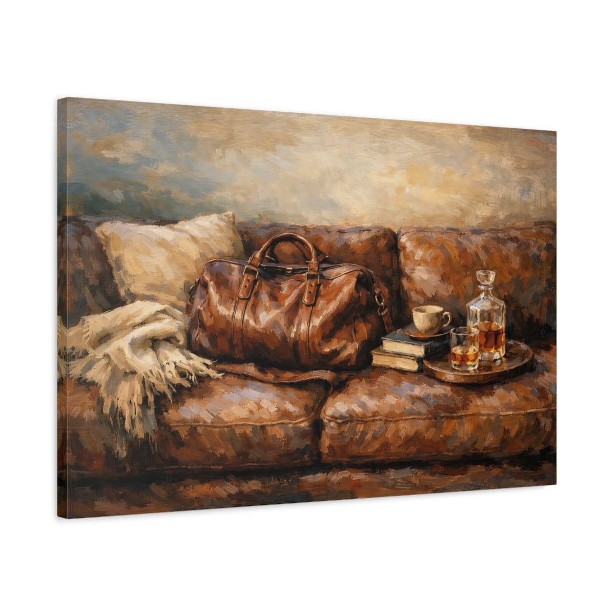 Side Mockup 2. Vintage Leather Bag Brown Leather shown as stretched canvas wall art