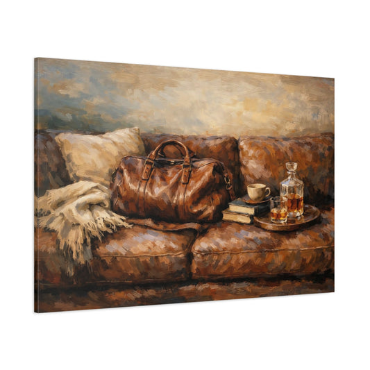 Main Mockup. Vintage Leather Bag Brown Leather shown as stretched canvas wall art