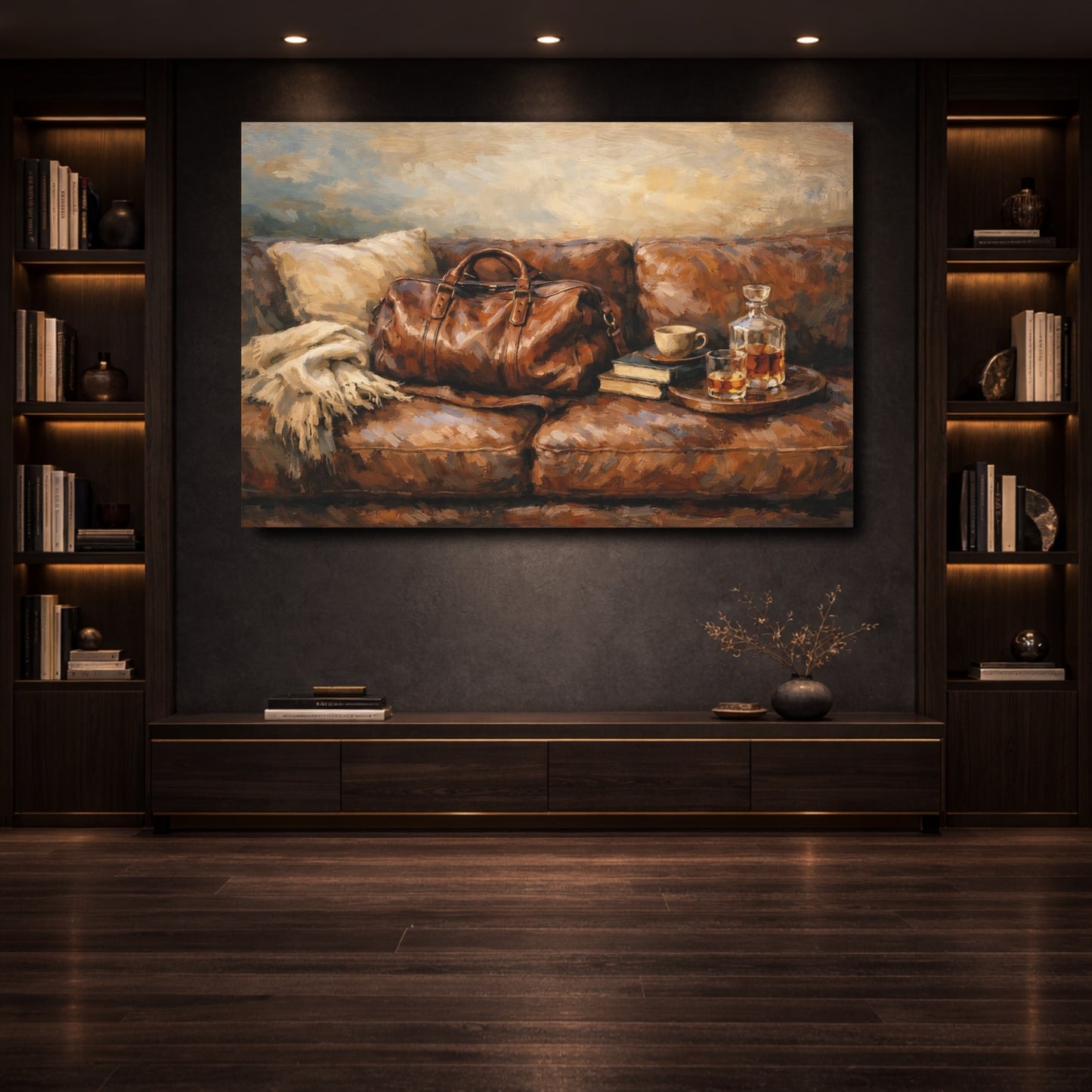 Mockup 3. Vintage Leather Bag Brown Leather shown as stretched canvas wall art