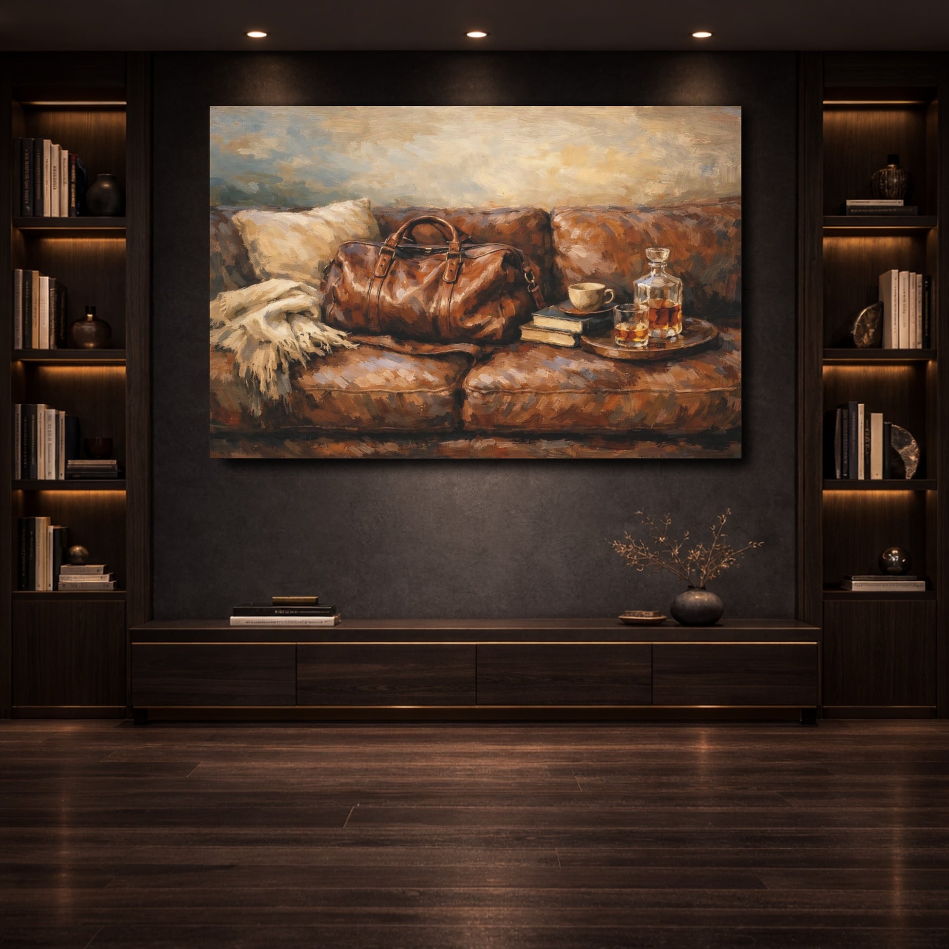 Mockup 3. Vintage Leather Bag Brown Leather shown as stretched canvas wall art