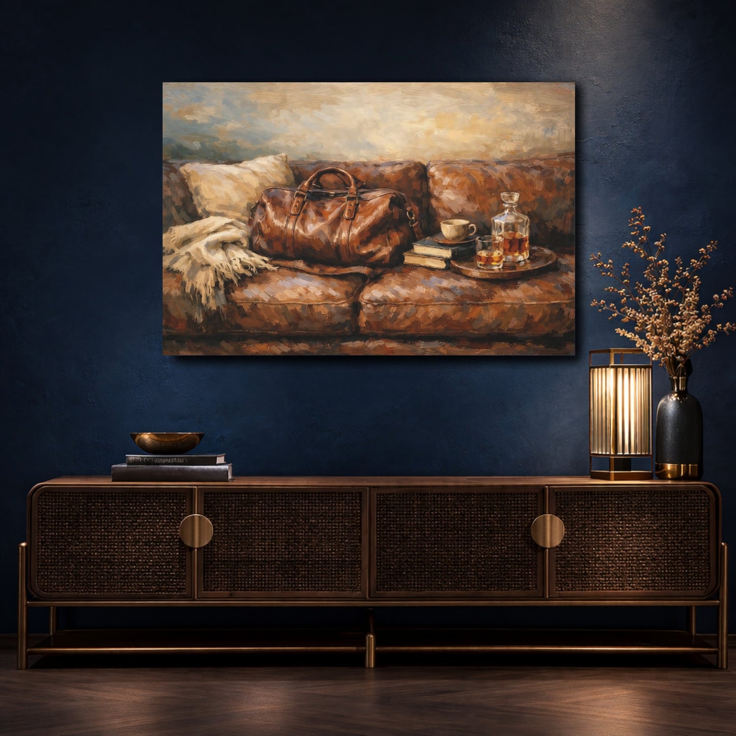 Mockup 4. Vintage Leather Bag Brown Leather shown as stretched canvas wall art