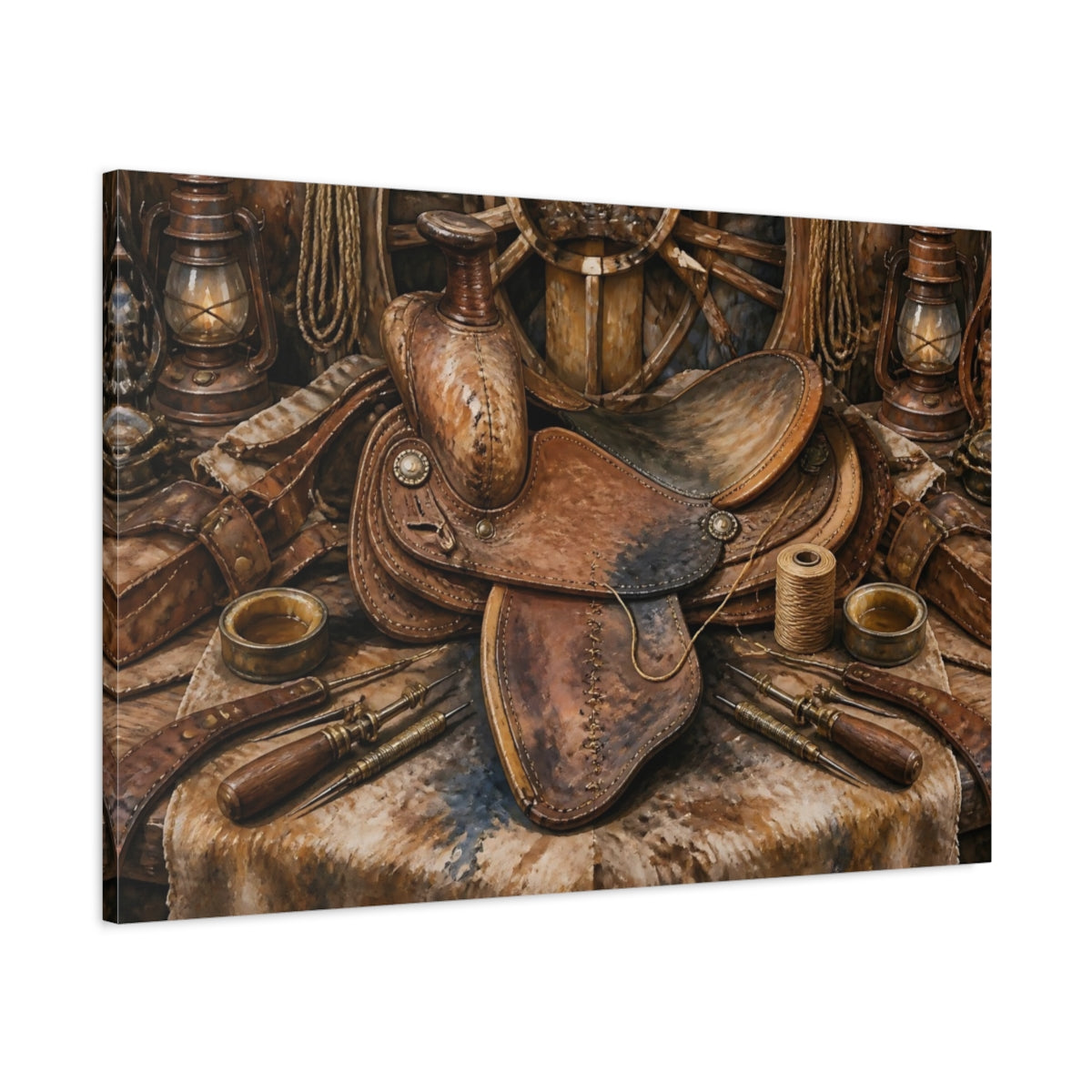 Main Mockup. Vintage Leather Saddle Still Life shown as canvas print