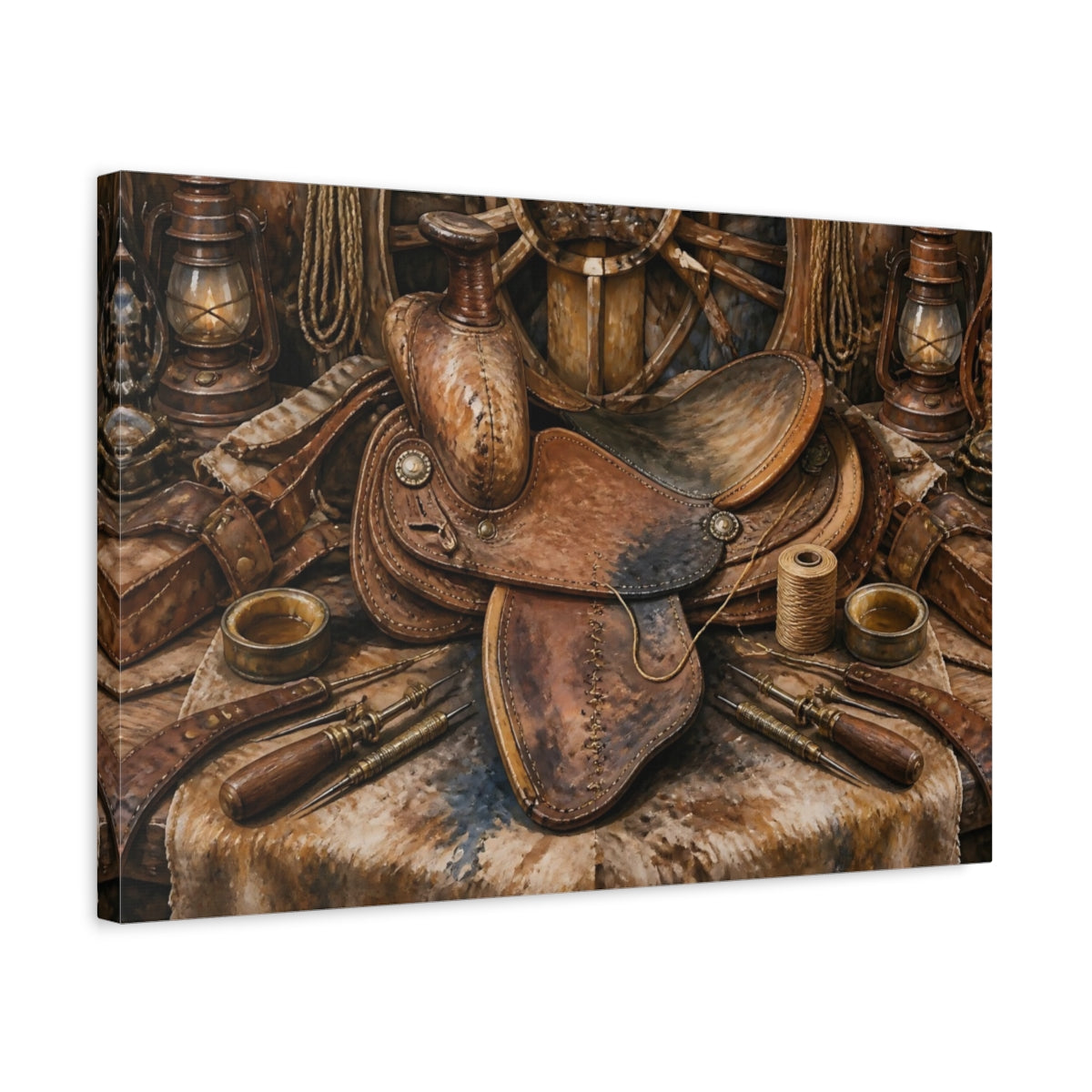 Side Mockup 3. Vintage Leather Saddle Still Life shown as canvas print