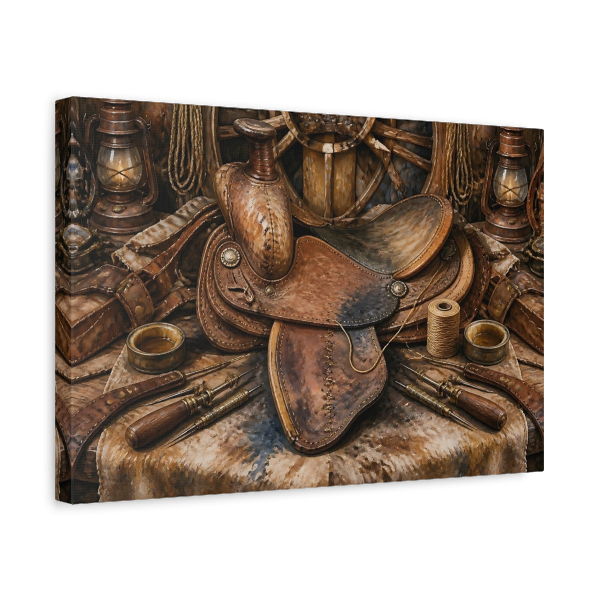 Side Mockup 4. Vintage Leather Saddle Still Life shown as canvas print