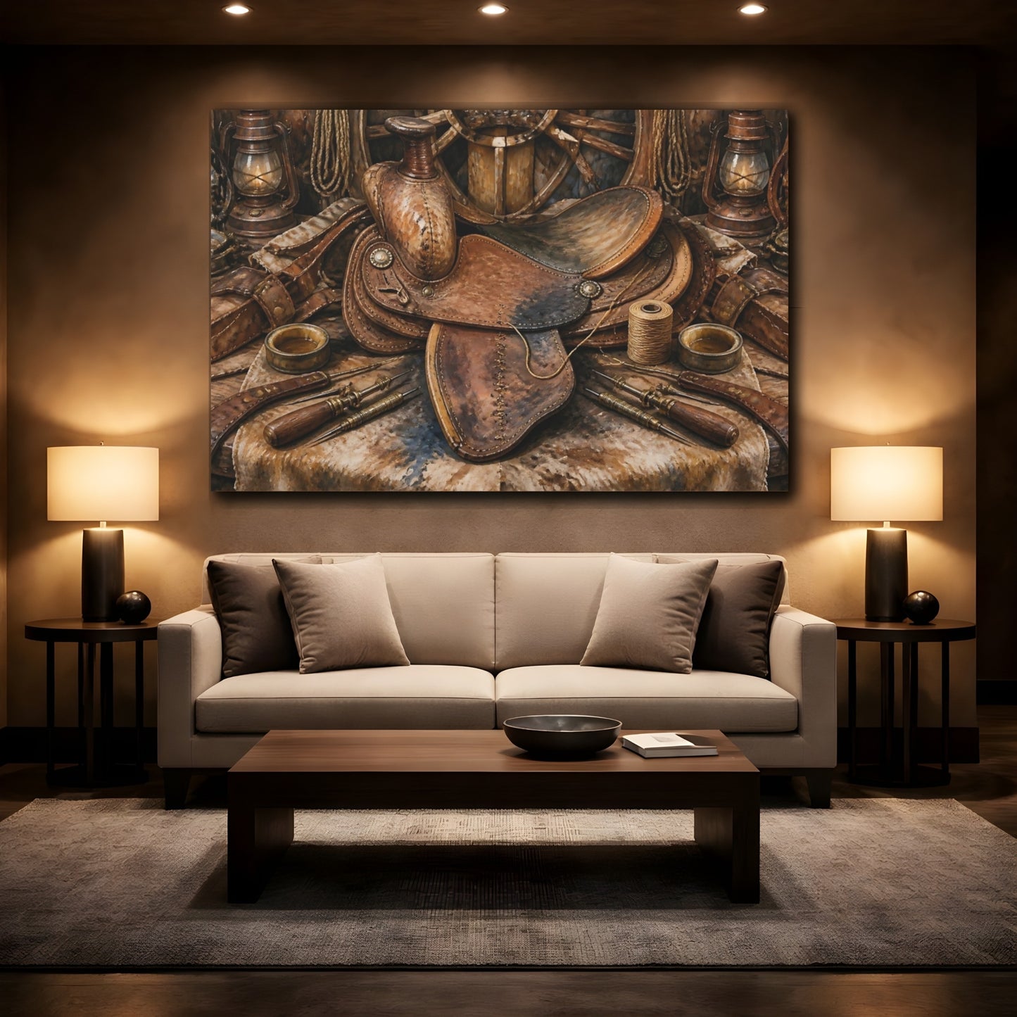 Mockup 2. Vintage Leather Saddle Still Life shown as canvas print