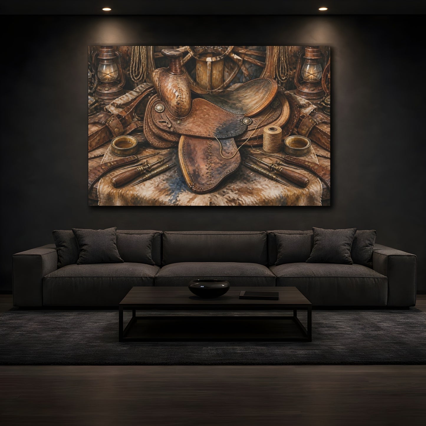 Mockup 3. Vintage Leather Saddle Still Life shown as canvas print