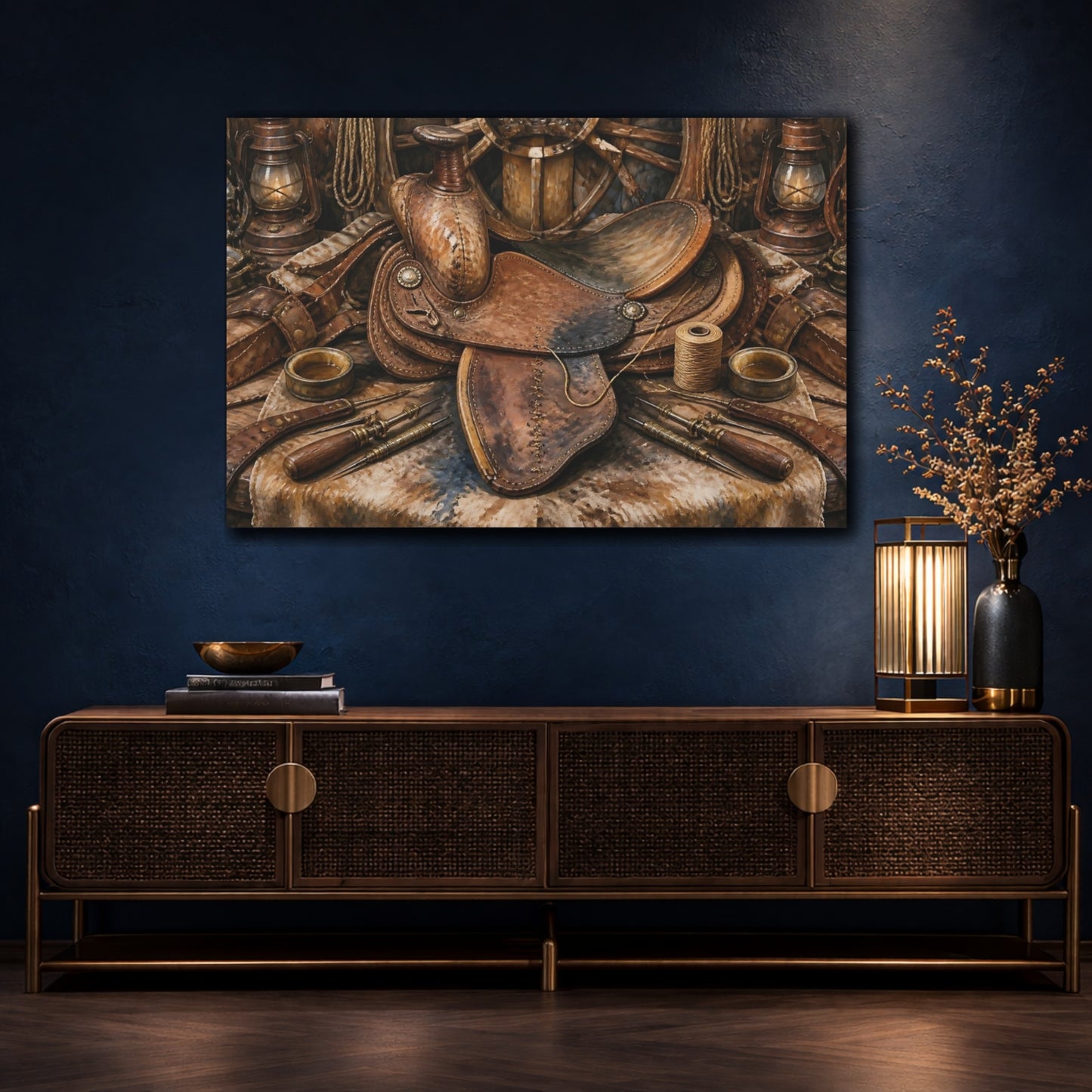 Mockup 4. Vintage Leather Saddle Still Life shown as canvas print