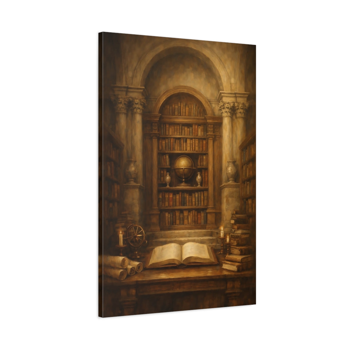 Side Mockup 1. Vintage Vintage Library Dark Academia shown as stretched canvas wall art