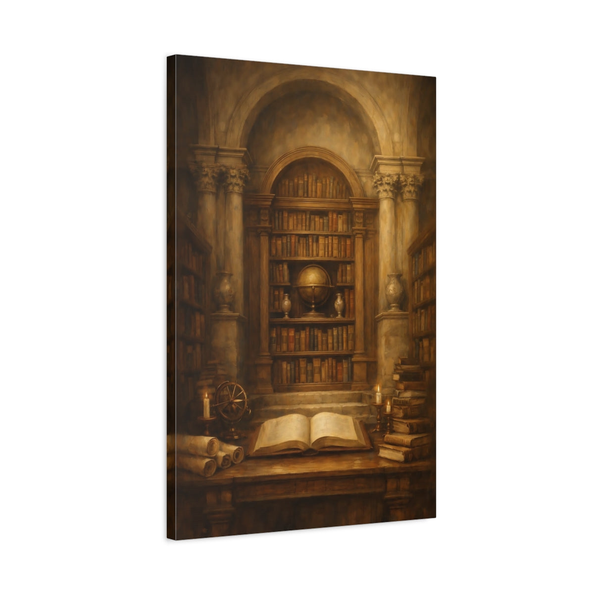Side Mockup 2. Vintage Vintage Library Dark Academia shown as stretched canvas wall art