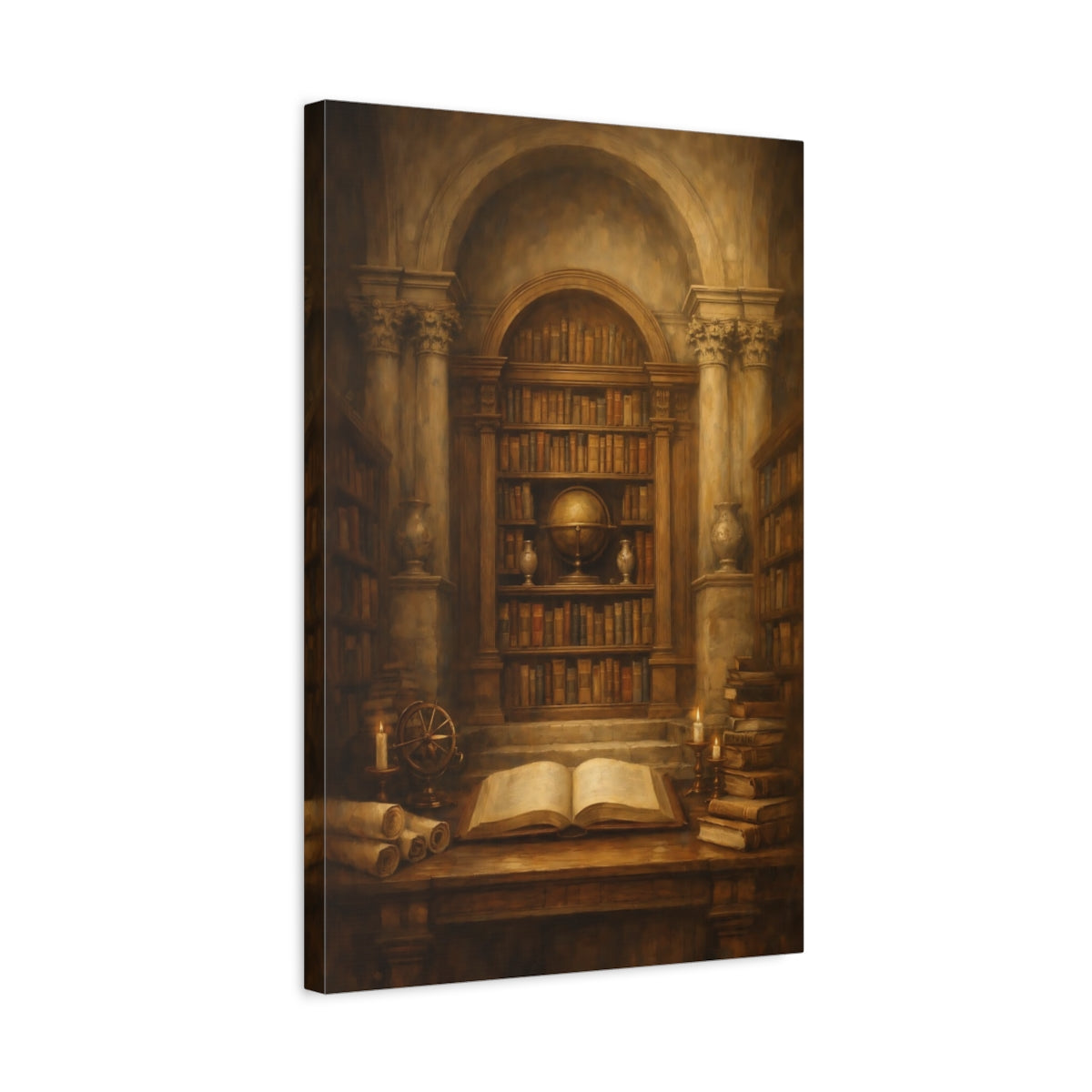 Side Mockup 3. Vintage Vintage Library Dark Academia shown as stretched canvas wall art