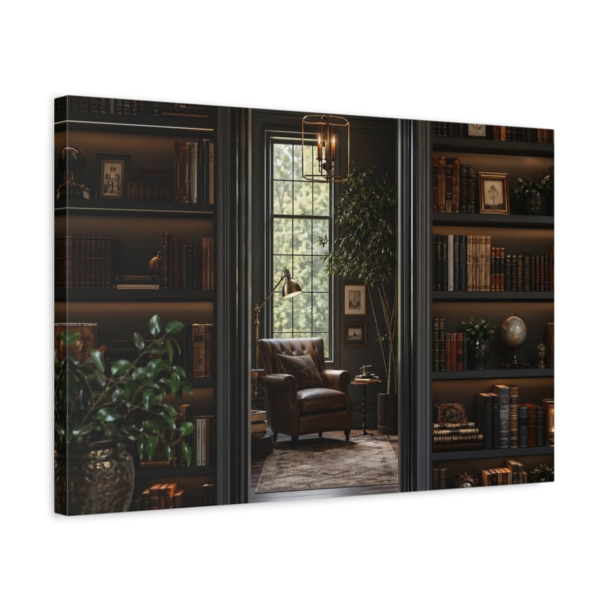 Side Mockup 3. Vintage Library Interior Dark Academia shown as stretched canvas wall art