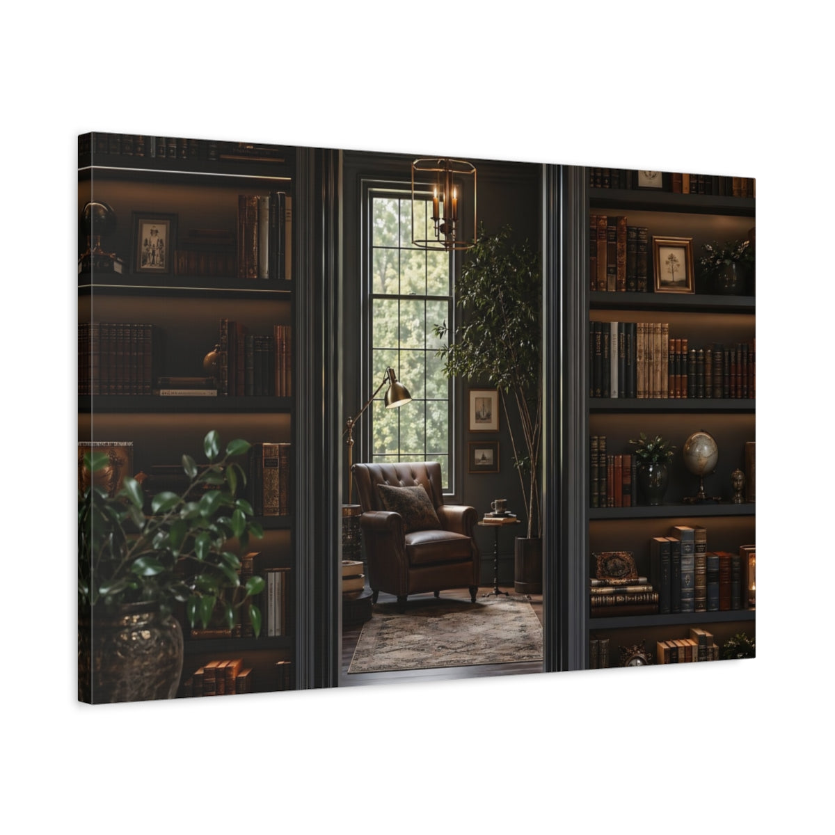 Side Mockup 2. Vintage Library Interior Dark Academia shown as stretched canvas wall art