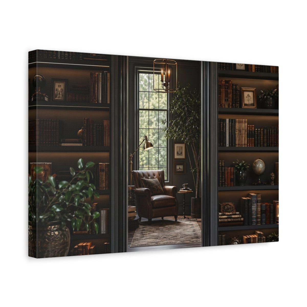 Side Mockup 4. Vintage Library Interior Dark Academia shown as stretched canvas wall art