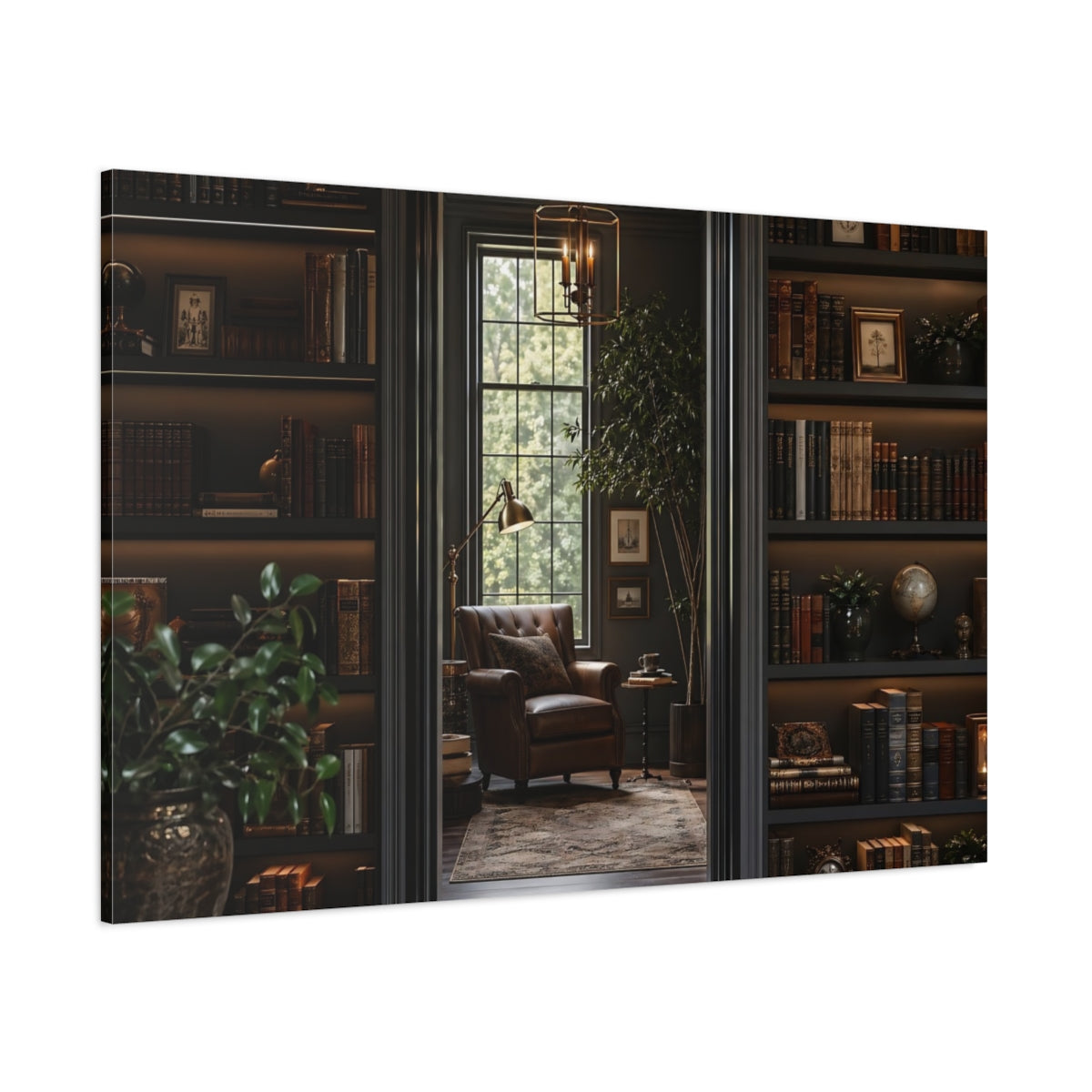 Side Mockup 1. Vintage Library Interior Dark Academia shown as stretched canvas wall art