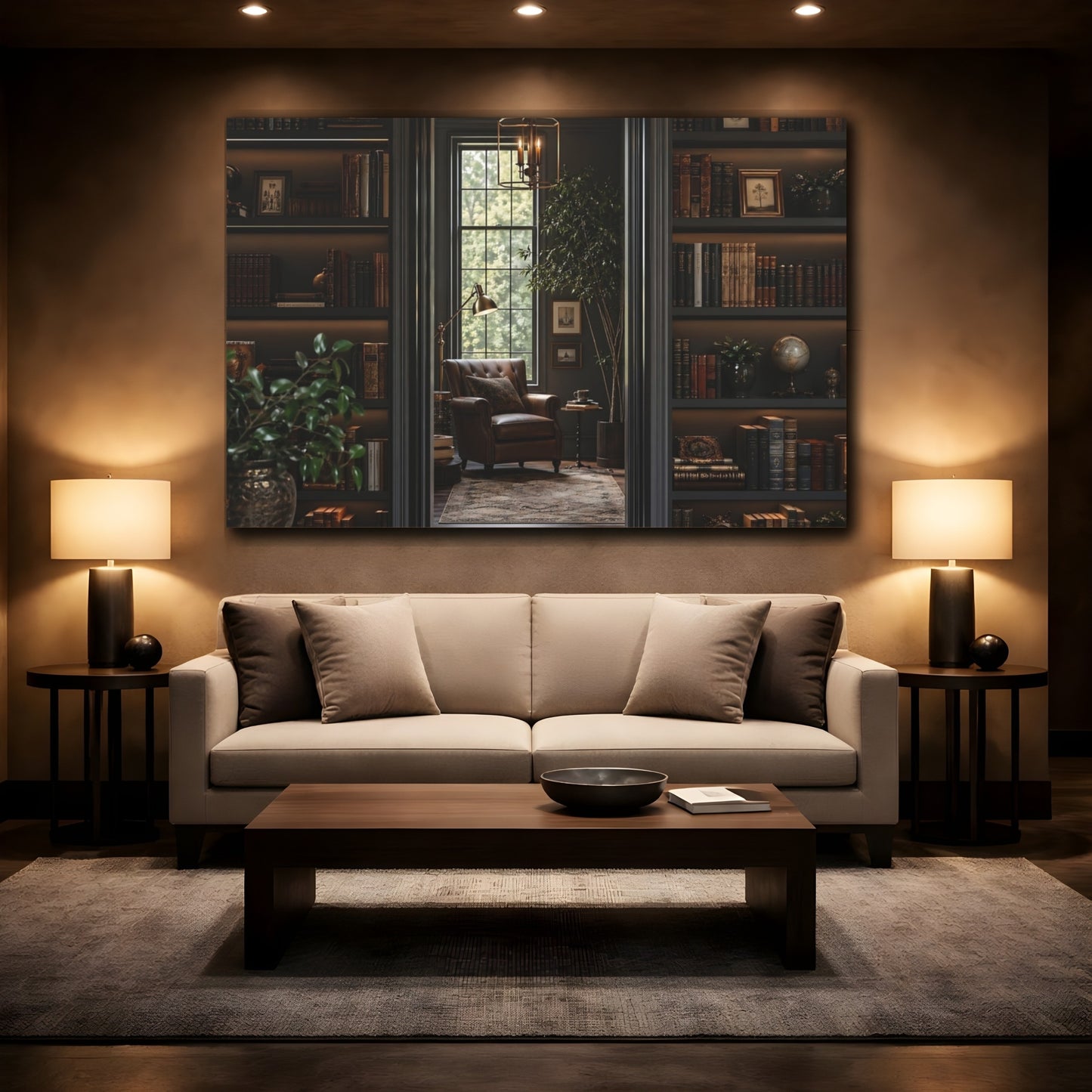 Mockup 2. Vintage Library Interior Dark Academia shown as stretched canvas wall art