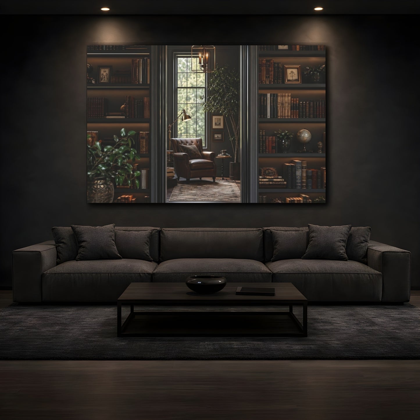 Mockup 3. Vintage Library Interior Dark Academia shown as stretched canvas wall art